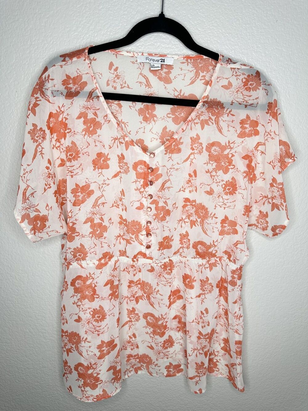 Forever 21 Shirt Womens Large Orange Floral Button Front Peplum Short Sleeve